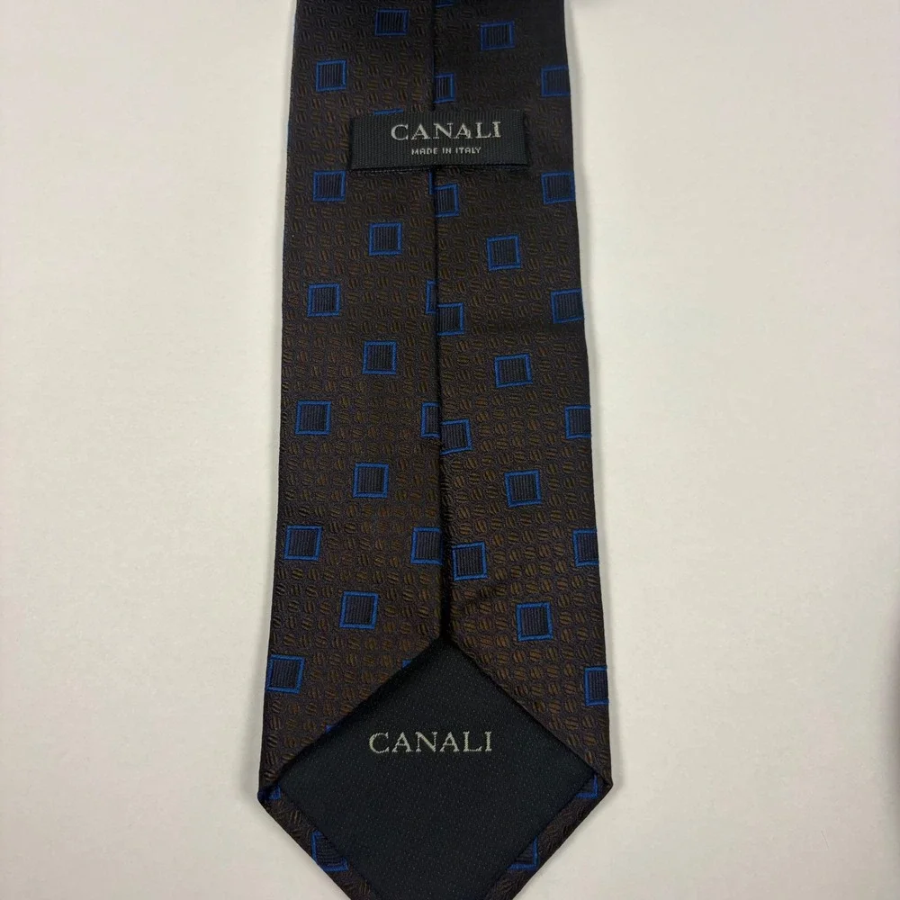 Canali Italy Silk Necktie Brown Blue Geometric Square Pattern Mens Tie 3.75